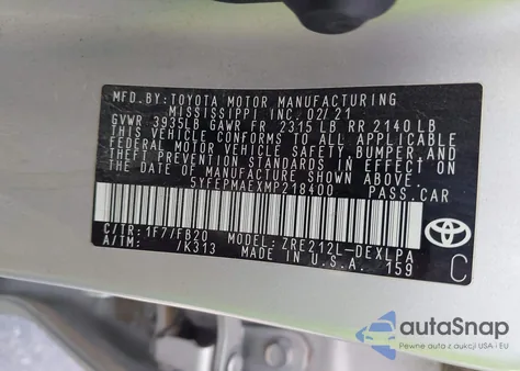 2021 Toyota Corolla Le from USA, damaged, VIN 5YFEPMAEXMP218400